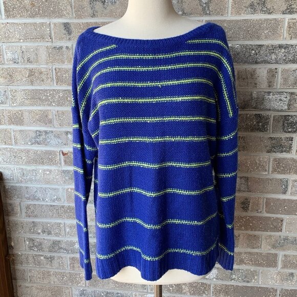 A.N.A. Sweater Blue Green Stripe Sequin Detail Striped L Large Dolman Sleeve - Picture 1 of 6